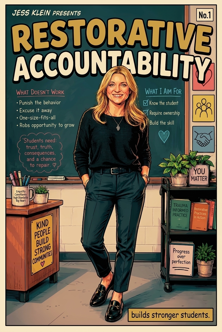 Comic book cover: Restorative Accountability No.1, Jess in her classroom with the lesson on the chalkboard